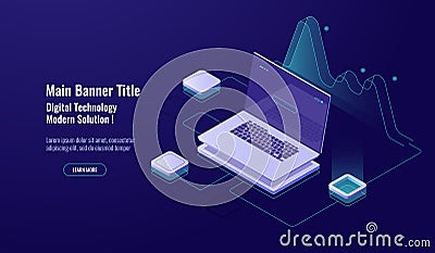 Online Analytics, big data processing, laptop with graph, data visualization, isometric, database access, account sign Vector Illustration