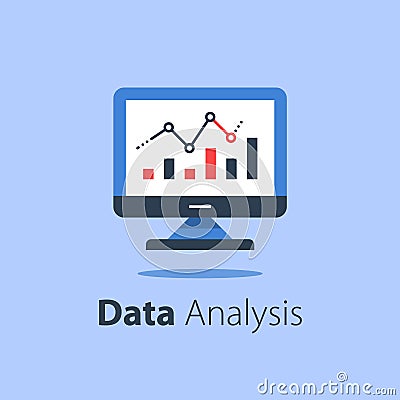 Online analytics, computer monitor and diagram, web statistic, internet big data Vector Illustration