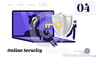 Online Anonymity Landing Page Template. Tiny Characters at Huge Device with Anonymous Unrecognizable Profile and Key Vector Illustration