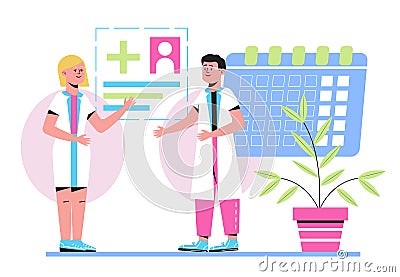 Online appointment to the doctor. Calendar, medical card, plant, clinic office are shown. Medical icon vector for infographics Vector Illustration