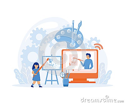 Online art class. E-learning, distance education. Woman art teacher on screen and girl preschooler student with brush. Vector Illustration