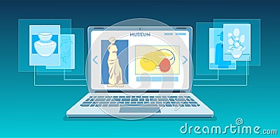 Online art gallery banner. Virtual museum in modern laptop on tech background. Online exhibition Tours, Internet Vector Illustration