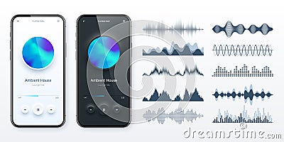 Online audio player user interface, smartphone app UI design. Music, media streaming and listening platform. Responsive Vector Illustration