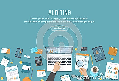 Online auditing analysis accounting, tax process. Businessman hands with laptop, documents, calendar, report. Vector Illustration