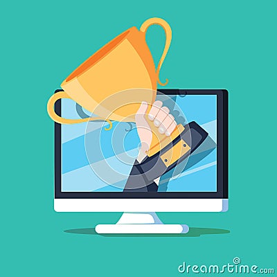 Online award goal achievement vector, flat cartoon computer and success winner holding golden cup prize Vector Illustration