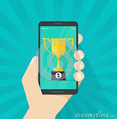 Online award goal achievement vector, mobile phone and success winner holding golden cup prize, first place victory Vector Illustration