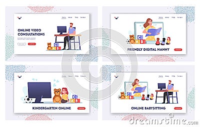 Online Babysitting Landing Page Template Set. Virtual Baby Sitter, Remote Teaching. Nanny Character Entertaining Kids Vector Illustration