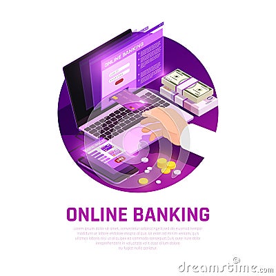 Online Banking Isometric Round Composition Vector Illustration