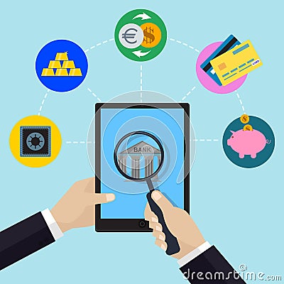 Online banking and bank service concept with hand holding tablet and magnifier. Vector Illustration