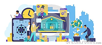 Online banking concept. Trendy cartoon characters making internet transactions and using online mobile banking. Vector Vector Illustration