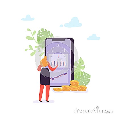 Online Banking Concept with Woman Transferring Money Using Smartphone. Female Character Making Payment with Mobile Bank Vector Illustration