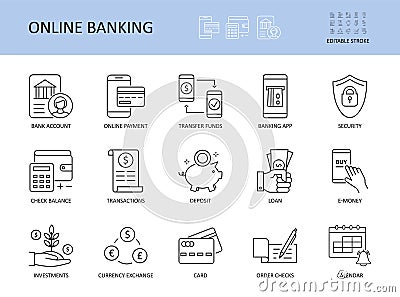 Online banking. Editable stroke vector icons. Bank account emoney transfer funds online payment. List of recent transaction Vector Illustration