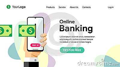 Online banking and electronic wallet. Business via smartphone in the network. Phone in hand with payment finance operation Vector Illustration
