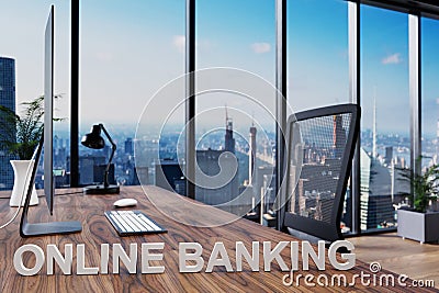 Online banking; office chair in front of modern workspace with computer and skyline view; banking concept; 3D Illustration Stock Photo