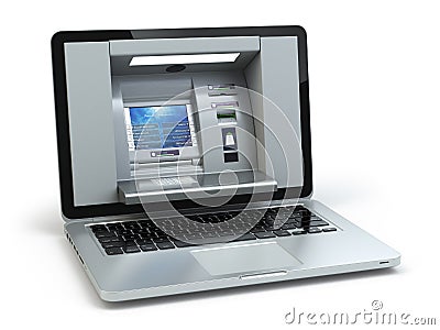 Online banking and payment concept. Laptop as ATM machine isola Cartoon Illustration