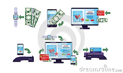 Online Banking and Payment Methods Collection, Financial Transactions via Digital Gadgets, Protection Money Transfer Vector Illustration