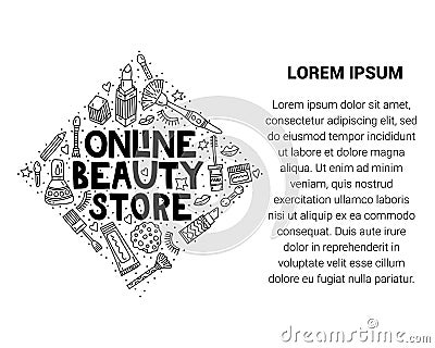 Online beauty store. Lettering with doodles Vector Illustration