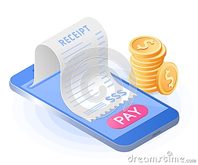 The online bill payment with smartphone. Flat vector isometric i Vector Illustration