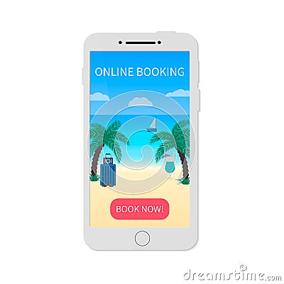 Online booking. Internet travel agency. Modern technology. Independent tourism. Mobile phone vector illustration. Design template Vector Illustration