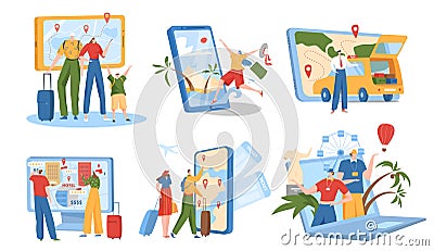 Online booking service vector illustration set, cartoon flat tourist people travel and book car, plane ticket, hotel or Vector Illustration