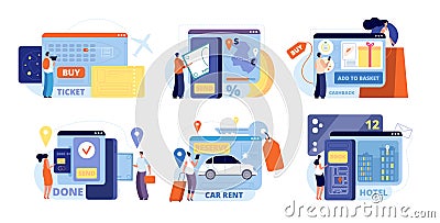 Online booking. Smart person, mobile travel or airport tickets. Internet rental car hotel, digital vacations planning Cartoon Illustration