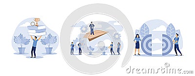 online books and study guides, a man rises up on a paper plane, business teamwork together people connect puzzle elements, set Vector Illustration