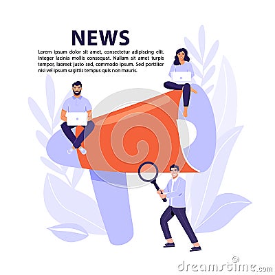 Online breaking news concept. Mens and women reading news with a magnifying glass and on laptop. Vector Illustration