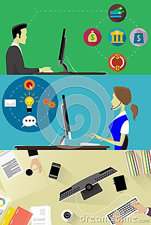 Online business banners set with online banking payment in flat style Vector Illustration