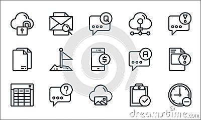 online business communication line icons. linear set. quality vector line set such as clock, photo, sheet, document, chat bubble, Vector Illustration