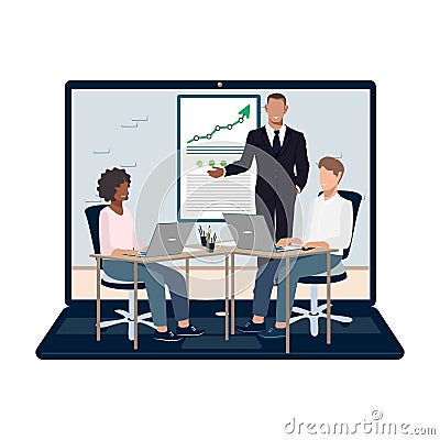 Business men and women confer, study, hold a seminar, conference and discuss profit Vector Illustration