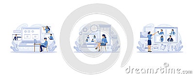 Online business meeting, work from home, software for videoconferencing and online communication. People using computer for Vector Illustration