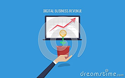 Online business, revenue from digital assets, businessman with a growing business arrow. Flat design vector banner. Vector Illustration