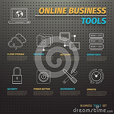 Online Business Tools on Dark Pegboard Vector Illustration