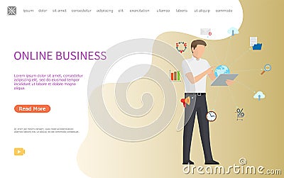 Online Business Web Poster, Man Working Worldwide Vector Illustration