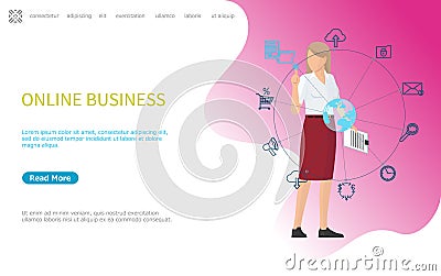Online Business Web Poster Woman Working Worldwide Vector Illustration