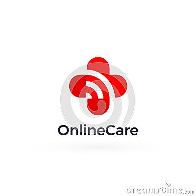 Online Care logo Concept, red heart care sign, cross medical and pharmacy symbol, signal wifi connection and web Vector Illustration