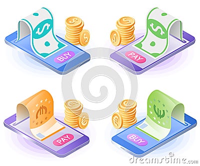 The online cash transaction with smartphone. Flat vector isometric illustration set Vector Illustration