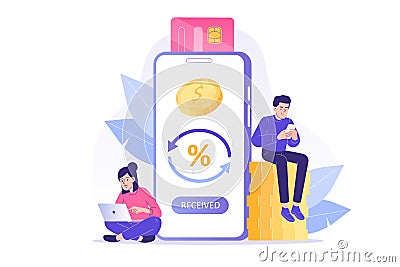 Online cashback concept. Happy people receiving cashback for a buyer. Coins or money transfer from smartphone to e-wallet. Online Vector Illustration