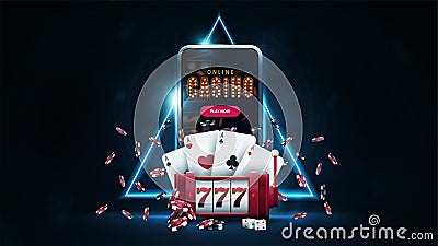 Online casino, banner with smartphone, red slot machine, poker chips, playing cards in dark scene with blue neon triangle border Vector Illustration