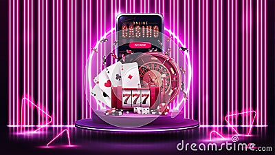 Online casino, banner with smartphone, slot machine, Roulette, chips and playing cards on purple podium with neon ring. Vector Illustration