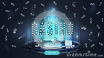 Online casino, blue banner with button, fly poker chips and hologram of digital rings in dark empty scene Vector Illustration