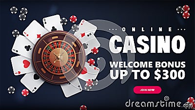 Online casino, blue banner with offer, Casino roulette, poker chips and playing cards Vector Illustration