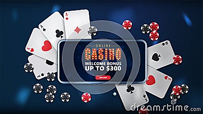 Online casino, blue banner with smartphone with offer, playing cards and poker chips, top view Vector Illustration