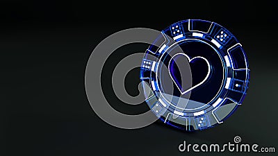 Online Casino Blue Glass Chip in Hearts Concept with Dice Dots - 3D Illustration Stock Photo