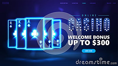 Online casino, blue invitation banner for website with welcome bonus, button and neon casino playing cards Vector Illustration