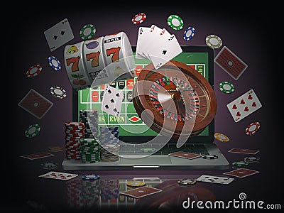 Online casino concept. Laptop with roulette, slot machine, casino chips and playing cards isolated on black background. Cartoon Illustration