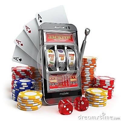 Online casino concept. Mobile phone, slot machine, dice and card Stock Photo