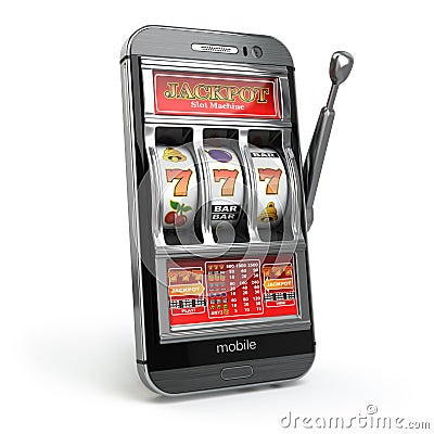 Online casino concept. Mobile phone and slot machine with jackpo Stock Photo