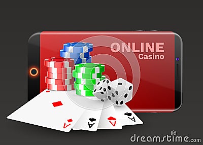 Online casino concept, playing cards, dice chips and smartphone with copyspace. Banner template layout mockup for online casinos Vector Illustration