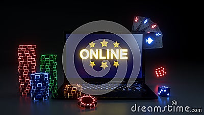 Online Casino Gambling Concept With Glowing Neon Lights, Poker Cards and Poker Chips Isolated On The Black Background - 3D Illustr Stock Photo